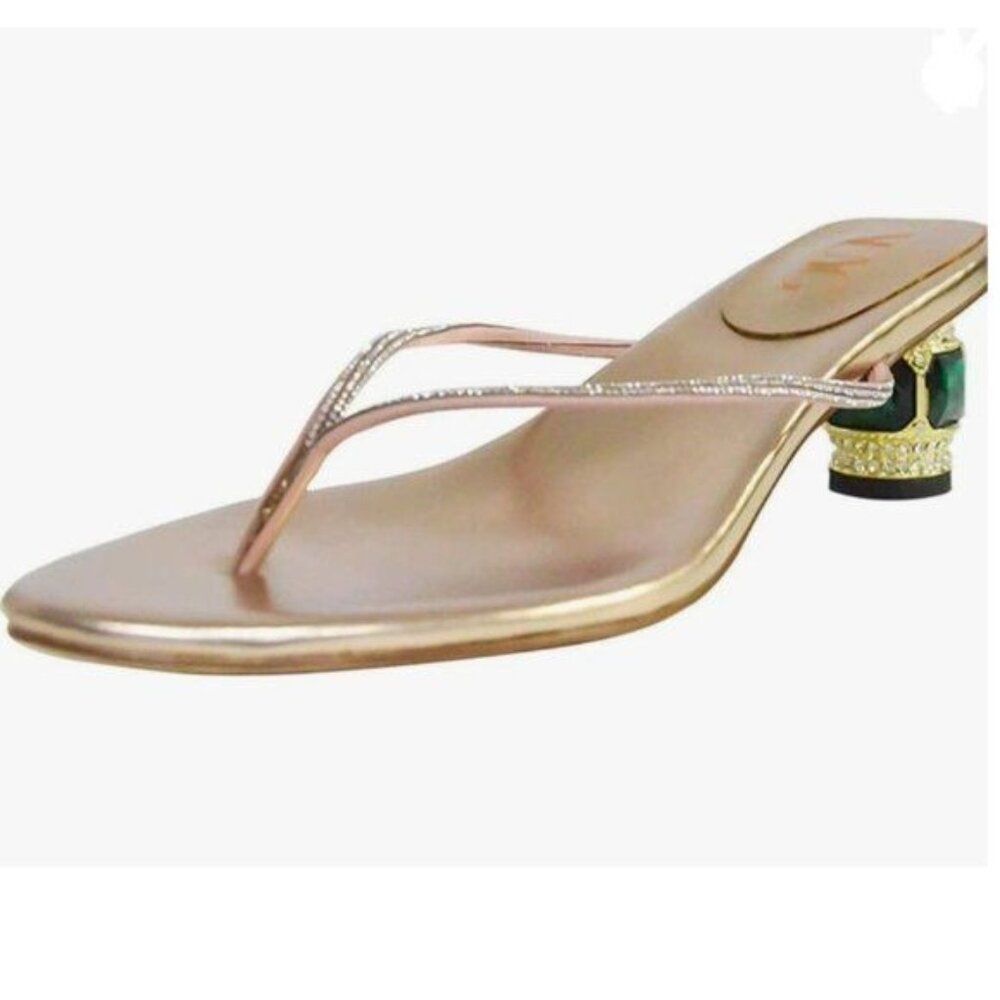 Champagne Thong Crystal Mid Heel Sandals Casual Flip Flops Open Toe Daily Shoes